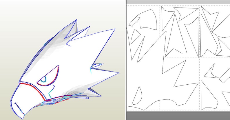 May include: A white papercraft model of a bird head with a red beak and blue eyes. The model is made up of many small triangles and is designed to be assembled from a paper template.