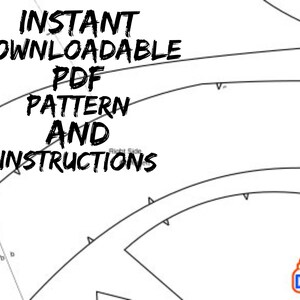 以下が含まれることがあります： 黒と白の線画の縫製パターンで、上部に「INSTANT DOWNLOADABLE PDF PATTERN AND INSTRUCTIONS」というテキストが書かれています。テキスト「DIY」は、はさみと接着剤のボトルのアイコンが付いた青いボックスに入っています。