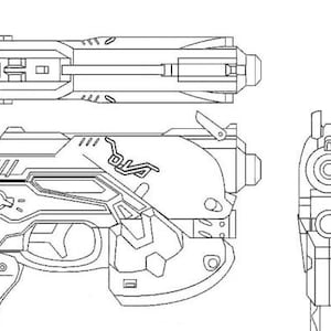 Pode incluir: Um desenho a preto e branco de uma pistola futurista com um design detalhado. A pistola é mostrada a partir de três ângulos diferentes: topo, lateral e frontal.