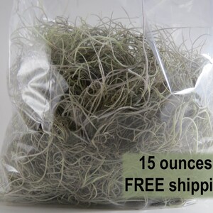 May include: A clear plastic bag filled with 15 ounces of dried Spanish moss. The bag has a white label with the text "15 ounces! FREE shipping".