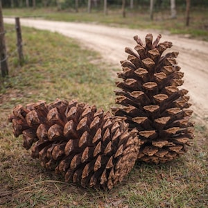 May include: Two large, brown pine cones rest on the ground in front of a dirt road. The cones have a textured, scale-like appearance and are a natural brown color. The background includes grass, trees, and a dirt road.