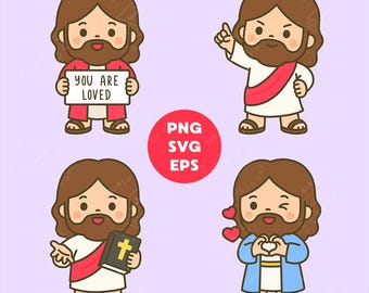 Set di adesivi kawaii con clip art di Gesù – 4 simpatici adesivi di Gesù Cristo in formato PNG, SVG e EPS per planner digitale, lavori artigianali stampabili, clip art per album di ritagli