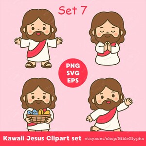 Set di 7 adesivi kawaii di Gesù. Clip art di Gesù con emozioni in varie pose - PNG, SVG e EPS. Per planner digitali, album di adesivi stampabili.
