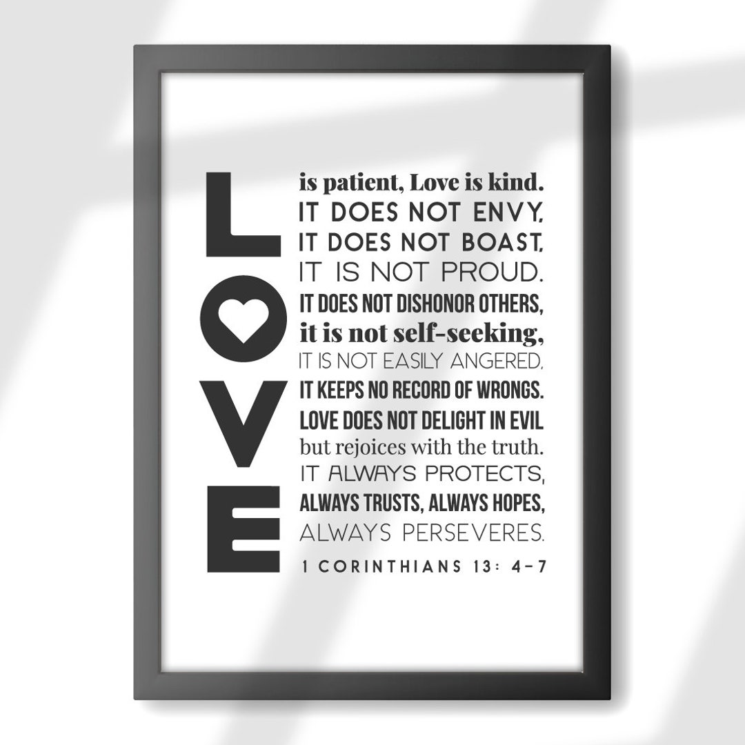 Love is Patient Bible Typography Wall Art From 1 Corinthians 13. Bible Verse Printable Black and