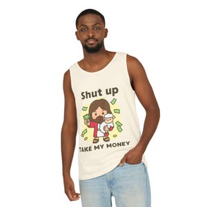 かわいい「SHUT UP take my money」イエス・キャリー・ラム ユニセックス タンクトップ - 面白い夏用ノースリーブシャツ、メンズ・レディースファッションアパレル、宗教的なギフト