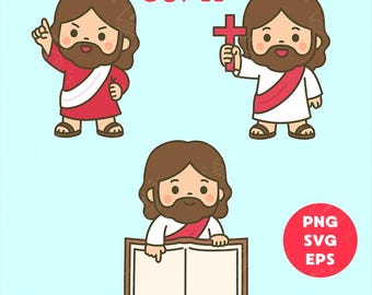 Clipart kawaii di Gesù PNG SVG EPS Insegnamento, Croce in mano, Lettura della Bibbia set 11 per Cricut, Agenda cristiana, Scuola domenicale, Artigianato