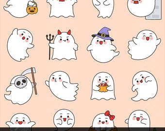 Clipart mignon fantôme d'Halloween Set3 | Lot de 16 PNG | Stickers fantômes kawaii pour agenda numérique Halloween, scrapbooking et sublimation