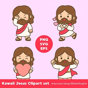 Zestaw naklejek Kawaii Jesus Reaction. Uroczy obraz clipart Jezusa Emocje w 4 zabawnych pozach – PNG SVG EPS do cyfrowych planerów, albumów, materiałów do druku