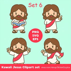 Kawaii Jesus Set 6 – niedliche PNG SVG EPS Clip Art: Laufen, Peace Zeichen, Lächeln, Bibel – Digitaler Planer, Christliches Basteln für die Sonntagsschule