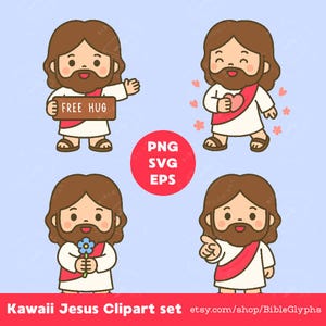 Set di adesivi kawaii di Gesù Cristo. Clip art con emozioni, varie pose, simpatici disegni di Gesù in formato PNG, SVG e EPS per planner digitali, album di adesivi stampabili.