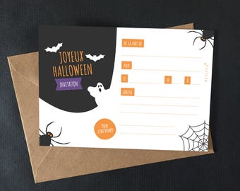 Carte invitation Halloween enfant, à télécharger, fête enfants, fichier PDF, petipeu, décoration halloween, fantôme, araignée, chauve-souris