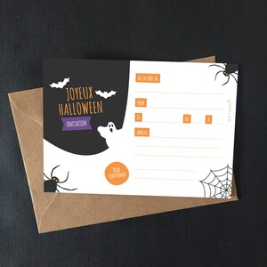 Carte invitation Halloween enfant, à télécharger, fête enfants, fichier PDF, petipeu, décoration halloween, fantôme, araignée, chauve-souris