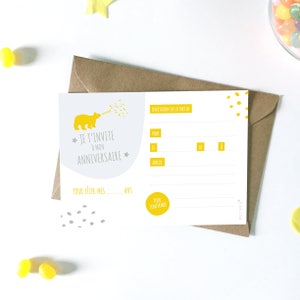Carte invitation anniversaire enfant, à télécharger, anniversaire, fête enfants, animaux, fichiers PDF, petipeu, papeterie, ours, jaune