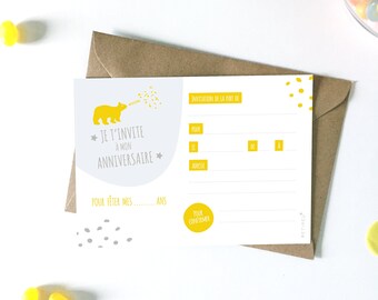 Child's birthday invitation card, to download, birthday, children's party, animals, PDF files, petipeu, stationery, bear, yellow