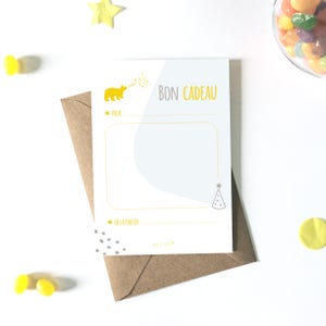 Carte bon cadeau enfant, à télécharger, carte cadeau, anniversaire, animaux, carte vierge, fichiers PDF, petipeu, ours, jaune