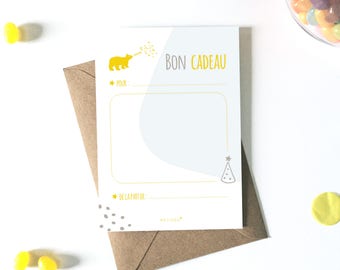Children's gift voucher card, to download, gift card, birthday, animals, blank card, PDF files, petipeu, bear, yellow