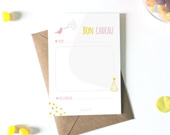 Carte bon cadeau enfant, à télécharger, carte cadeau, anniversaire, animaux, carte vierge, fichier PDF, petipeu, oiseau, rose, cadeau