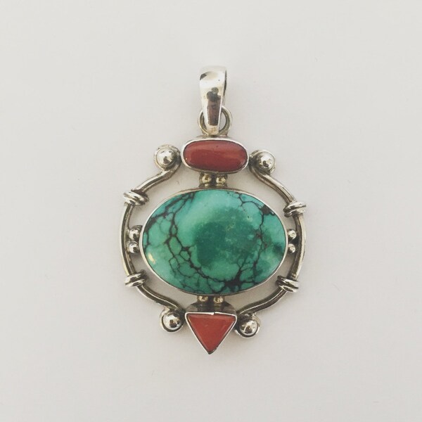 Sterling Silver Turquoise and Coral Pendant