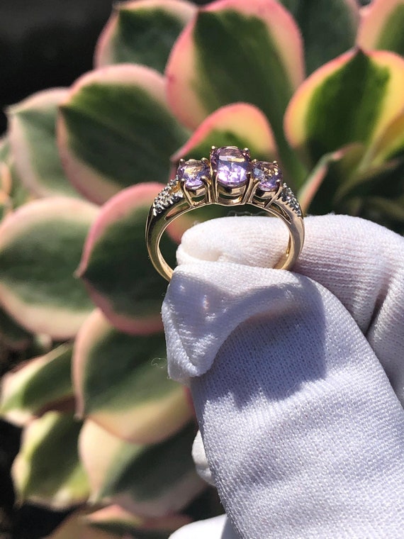 Vintage 3-stone amethyst and micro pave diamonds s