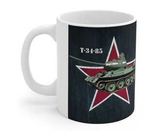 World War 2 Soviet Tank T-34-85 w/red star background Ceramic Mug 11oz