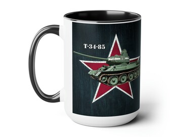 World War 2 Soviet Tank T-34-85 w/red star background Two-Tone Coffee Mugs, 15oz