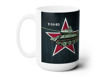 World War 2 Soviet Tank T-34-85 w/red star background Ceramic Mug 15oz
