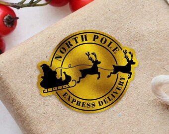 North Pole Express Gold Foil Stickers: Holiday Packaging Labels