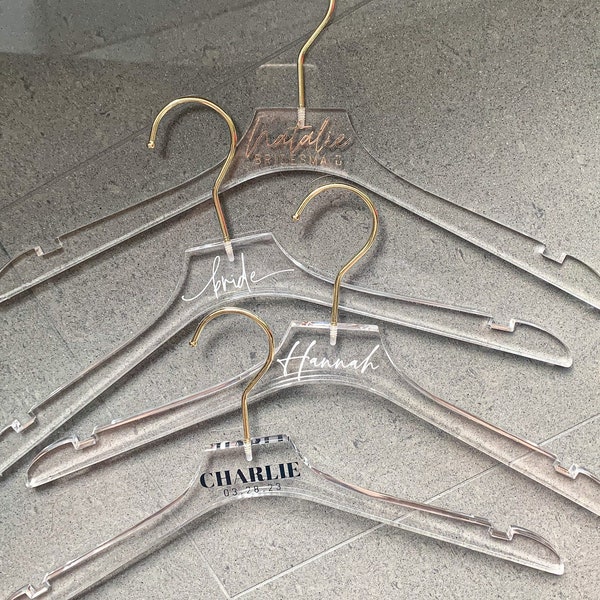 Clear Acrylic Bridesmaid Hanger for Wedding Gowns And Groomsmen Suits. Personalized Bride and Groom Hangers.