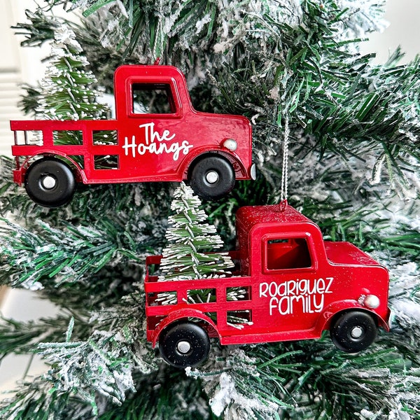 Rustic Red Truck Ornament Personalized with Family Name, Year Or Any Custom Text. Little Red Truck And Farmhouse Christmas Decor