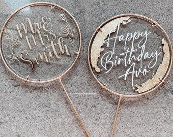 Acrylic Circle Cake Topper, Gold Foiled and Gold Hardware 4" Circle Topper Perfect for Weddings, Birthdays and any occasion