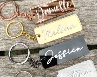 Personalized Mirrored Acrylic Name Tag Keychain. Rose Gold Key Ring For Bridesmaids Proposal, Birthday or Christmas Presents