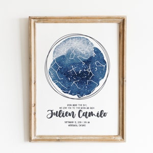 Impression aquarelle ciel nocturne pour chambre d'enfant/chambre d'enfant, carte des étoiles la nuit où vous êtes né, cadeau de baby shower ou de premier anniversaire pour garçon ou fille
