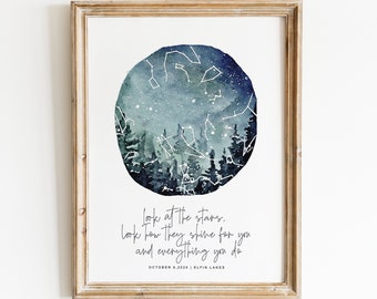 Watercolour Night Sky Print for Any Special Date. Skychart To Commemorate Birthdays, Anniversaries, Milestones And More!