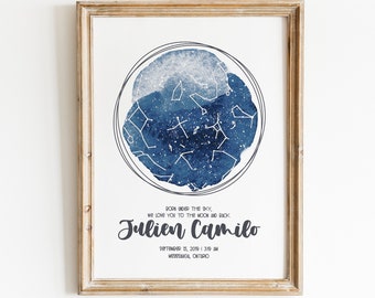 Watercolour Night Sky Print for Nursery/Kids Rooms, The Night You Were Born Star Map, Baby Shower or First Birthday Present for Boy or Girl