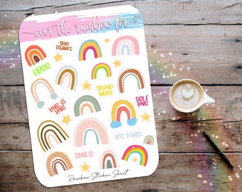 Boho Rainbow Theme Sticker Sheet for Planner and Bullet Journal, Vinyl Sticker Paper Matte