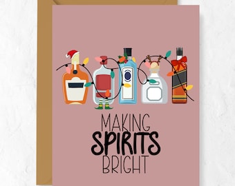 Tarjeta navideña con el mensaje "Make Spirits Bright". Tarjeta de felicitación divertida para las fiestas