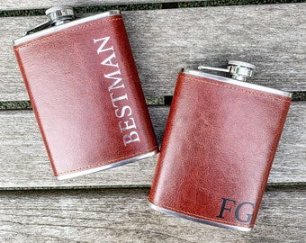 Personalized 8oz Stainless Steel Flask For Best Man And Groomsman. Vegan Leather Wrapped And Monogrammed For Wedding Gifts And Birthdays