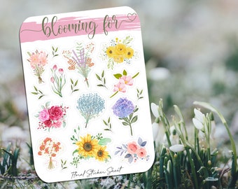 Blooming/Floral Theme Sticker Sheet for Planner and Bullet Journal, Vinyl Sticker Paper Matte