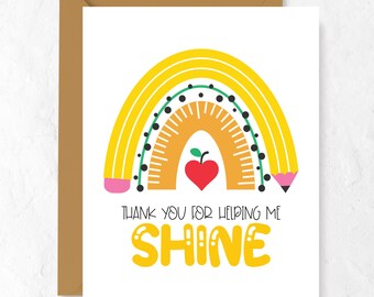 Thank You Teacher Card: Helping Me Shine, Handmade Greeting Card