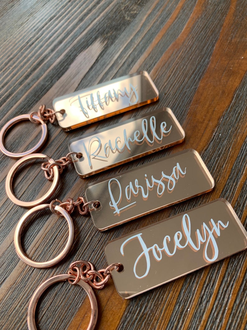 Personalized Mirrored Acrylic Name Tag Keychain. Rose Gold Key Etsy
