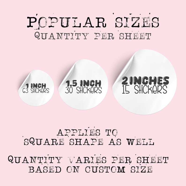 May include: A pink background with white circles showing the quantity of stickers per sheet for different sizes. The sizes are 1 inch, 1.5 inches, and 2 inches. The text "POPULAR SIZES" and "QUANTITY PER SHEET" is at the top of the image. The text "APPLIES TO SQUARE SHAPE AS WELL" is in the middle of the image. The text "QUANTITY VARIES PER SHEET BASED ON CUSTOM SIZE" is at the bottom of the image.
