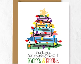 Merry & Bright Teacher Card: Crayon Christmas Tree, Handmade Greeting