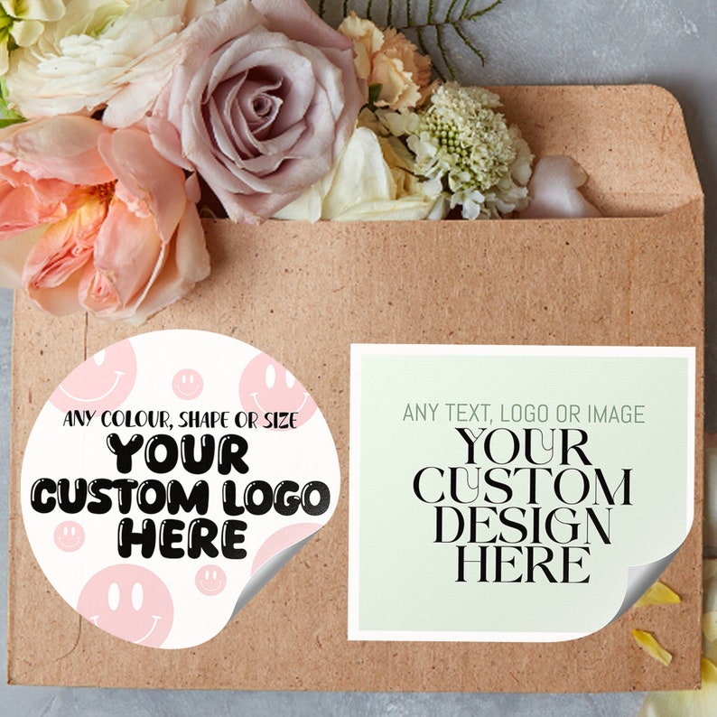 May include: Two customizable stickers on a brown paper background. The round sticker has a pink and white smiley face pattern and the text "ANY COLOUR, SHAPE OR SIZE YOUR CUSTOM LOGO HERE". The square sticker has a light green background and the text "ANY TEXT, LOGO OR IMAGE YOUR CUSTOM DESIGN HERE".