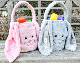 Personalized Easter Bunny Fur Bag For Kids With Name In White. Children Plush Spring Basket for Easter Egg Hunt Or Storage