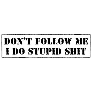 Può includere: Testo in bianco e nero su sfondo bianco in una cornice rettangolare. Il testo dice "DON'T FOLLOW ME I DO STUPID SHIT".