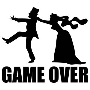 Puede incluir: Ilustración en silueta en blanco y negro de una novia y un novio con el texto "GAME OVER" debajo. El novio huye de la novia, que lo persigue.