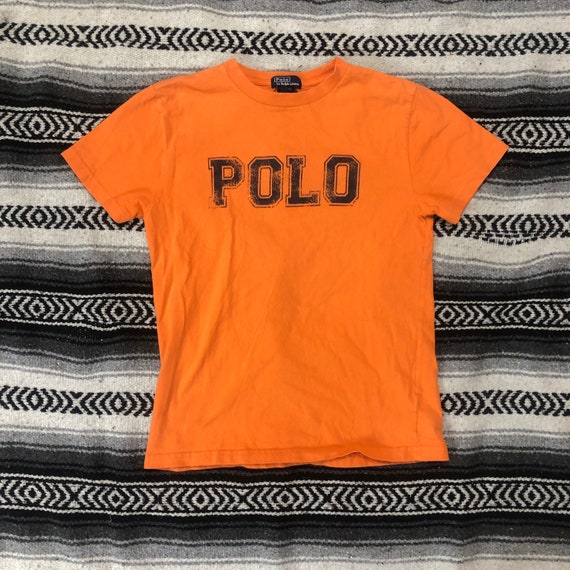 Vintage 90s Polo Ralph Lauren T-shirt: Orange Navy Spellout, Youth M