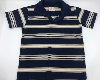 6 Vintage Health-Tex Navy Blue, white and tan striped short sleeve polo made in USA