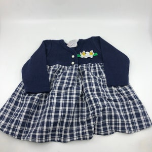 12m Vintage Claire Bell flower plaid dress navy blue made in Canada