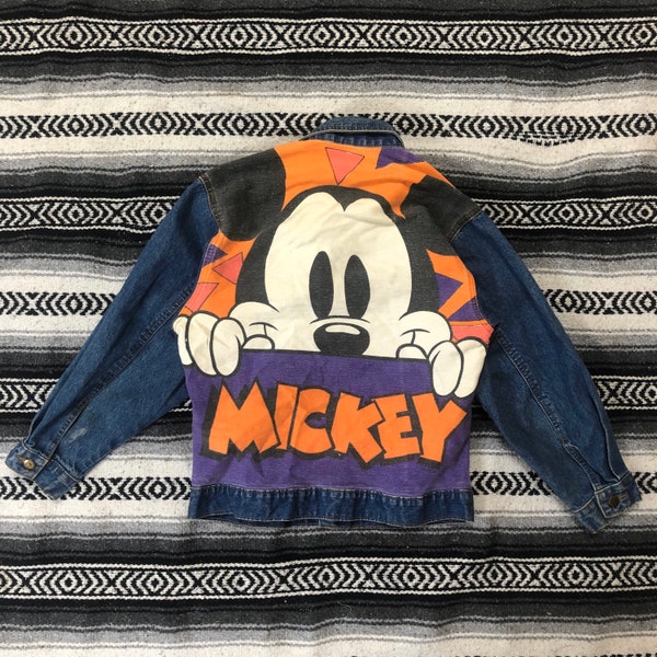 Vintage All over print Mickey Mouse disney print denim jean jacket made in Canada 80s / 90s